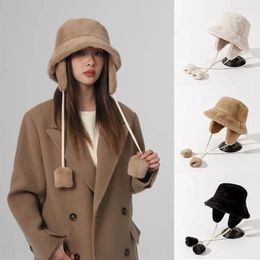 Berets Winter Warm Bucket Hats Women Ear Protection Fur Hat Removable Cotton Fabric Warmer Barrel Cap Cute Solid Colour Long Lace Caps