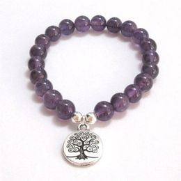 Tree of Life Charm Bracelet Men 8mm Amethysts Beads Beaded Energy OM Bracelet Healing Stone Wrist Mala Jewellery Women184A