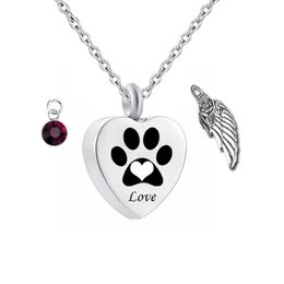 Birthstone Pet Memorial Urn Necklace Dog Cat Paw Print Heart Cremation Jewellery Ashes Keepsake Pendant Engraving290a