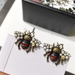 Designer Bee Stud Earrings for Women High Quality Vintage Copper Pearl Crystal Bees Animal Earring Jewellery Gifts Dropship307L