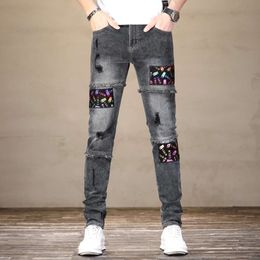 Motocycle Jeans For Men Stretch Gray Slim Fit Ripped Man Denim Pants Hip Hop Patchwork Printed S Clothing Students Boys