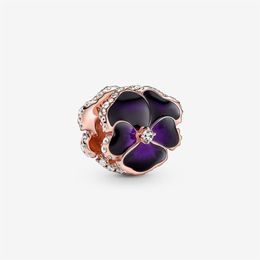 100% 925 Sterling Silver Deep Purple Pansy Flower Charms Fit Original European Charm Bracelet Fashion Jewellery Accessories186C