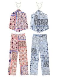 Women Chic Printed Irregular Hem Two Piece Set Sexy Hanging Neck Strap Straight Leg Pants Suit Summer Lady Fashion Outfits