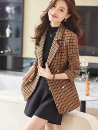 Women's Suits Women Casual Blazer Autumn Winter Office Lady Fashion Coffee Green Plaid Long Sleeve Double Breasted Coat Female Formal Jacket