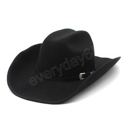 9.5cm Roll Brimmed Western Cowboy Hat Men Women Horse Riding Hat Belt Decor Jazz Fedora Hats Black Panama Felt Cap Trilby