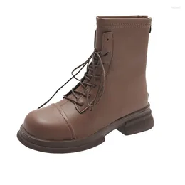 Dress Shoes 2023 Autumn Round Head Short Boots Women Thick Bottom Motorcycle British Style Lace Up