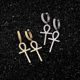 Europe and America Unisex Fashion Earrings Yellow White Gold Plated CZ Key Cross Earrings for Men Women Hiphop Jewerly240p