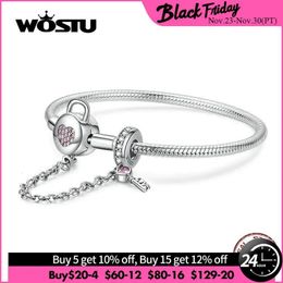 Chain WOSTU 100% 925 Sterling Silver Heart Key Safety Chain Bracelets Pink Zircon Charm Bangle For Women Silver 925 Jewellery CQB143 231201