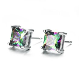 6 Pairs 1Lot Luckyshine Thanksgiving Gift Square Mystic Topaz Cubic Zirconia Gems 925 Silver Stud Earrings Russia Canada Wedding S244v