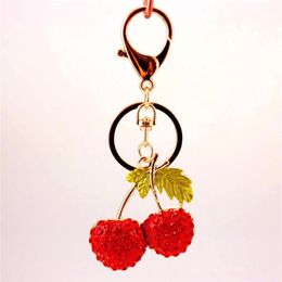 Rhinestone Cherry Key Ring Keychain Crystal Fruit Pendant Alloy Car Key Chains Fashion Summer Handbag Charm Jewelry Keyring Holder329J