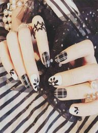 24 Pcs Press On Nails With Glue Sticker High Quality False Elegant Black White Lattice And Flower Oval Short Beautiful 7779636