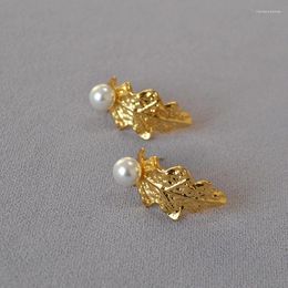 Hoop Earrings Crowd Irregular Texture Leaf Plating Imitation Pearl Personalized Temperament 925 Silver Needle