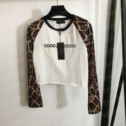 Cropped Tops Tees Embroidered Letter T Shirts Leopard Print Long Sleeve Splicing Tshirt For Women Fashion Casual Pullover