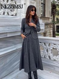 Work Dresses Nlzgmsj Womens Grey Midi A-line Skirt Suits Elegant High Waist Cape Long 2025 Woman Chic Lapel Button Blazer Sets