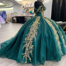 Emerald Green Shiny Sexy Off the Shoulder Beaded Appliques Quinceanera Dresses For Girl Shinning Ball Gown Dress For Sweet 15 16 vestidos