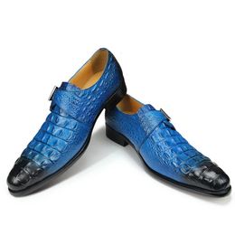 Dress Shoes Genuine Leather Shoes Pattern Classic Style Men's Loafers Wedding Business Buckle Strap Slip on Pointed Toe Black Blue 231130