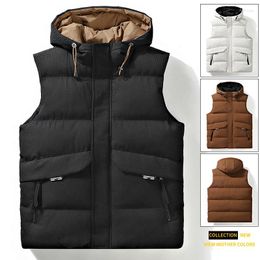 Men's Vests 2023 Trendy Cotton-padded Vest Thermal Waistcoat Men Overcoat Hooded Fleece Thicken Sports Coat Clothing Top