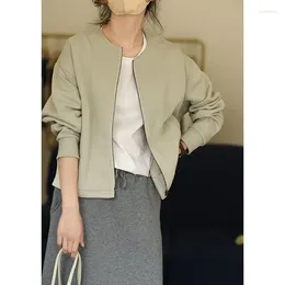 Women's Jackets Round Neck Cardigan Zippered Jacket For Spring And Autumn Cotton Loose Casual Short With Bat Sleeves