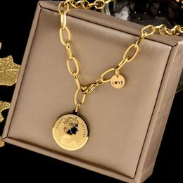 18k Gold and Silver Stainless Steel Love Letter gold coin pendant necklace for Women and Men - Hip Hop Queen Head Coin Choker Chain (JE281Z)