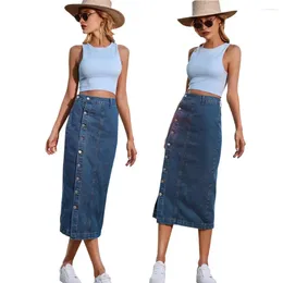 Skirts Women Denim Skirt Irregular Slit Button Placket Calf-Length High Waist Spring Summer Dress Office Ladies Commute Wear