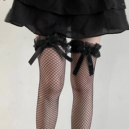 Women Socks Lolita Ruffle Stockings Kawaii Bowknot Sweet Girls Cute Thigh High Sexy Lace Mesh Fishnet
