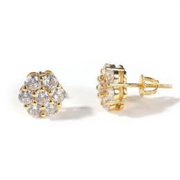 Hiphop 18K Gold Plated Jewelry Earrings Screw Backs Square Cubic Zirconia Flower Earrings for Man Woman Nice Gift2926