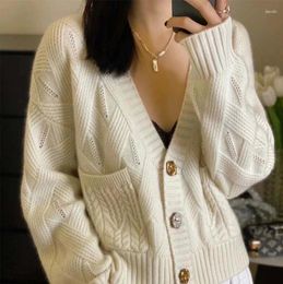 Women's Sweaters 23 Autumn And Winter 100 Pure Cashmere Cardigan V Collar Jacquard Hollow-out Coat Sweater Wool Knitted Top With Pock