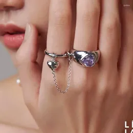 Cluster Rings Fashion Purple Love Zircon Ring Heart Shaped Tassel Opening Adjustable Charm Women's Wedding Jewellery Date Party