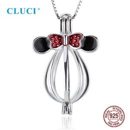 CLUCI 925 Ciondoli a forma di topo carino per donna Collana in argento sterling 925 con ciondolo a gabbia di perle SC049SB1557