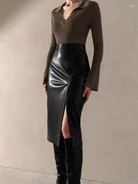 Skirts Elegant Faux Leather Female Long High Waist Split Slim Solid Midi Faldas Ladies 2023 Sexy Party Streetwear Women