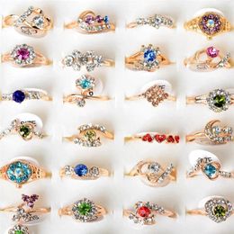 Cluster Rings 10 Pcs Gold Color Woman Assorted Design Crystal Ring Cute Kid Child Party Small Size Adjustable Jewelry Wholesale Lot Gift