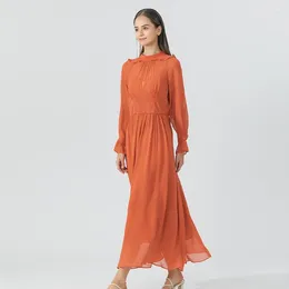 Casual Dresses Persimmon Red Double Layer Georgette Mulberry Silk Stand Collar Trumpet Long Sleeves Open Back Design Slim Dress AE1726