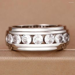 Cluster Rings Silver Colour Stainless Steel Curved Men Ring 8mm Wide Simple Inlaid Zircon Geometric Type For Women