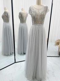 Party Dresses Grey FairySimple Elegant Gargam Short Sleeve Diamond Sister Skirt Evening Dress M1329
