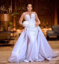 Mermaid Wedding Dresses 2024 Beaded Lace Appliques African Bridal Gown With Detachable Train Sheer Neck Long Sleeves Vestidos De Novia