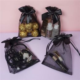 10 15cm Drawstring Organza bags bowknot black color transparent wrapping bag Gift pouches Jewelry pouch Candy bags package255n