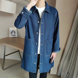 Men's Jackets Mid-length Denim Windbreaker Jacket Men Spring Autumn Casual Trench Coat Korean Fashion Solid Wild Loose Male Trendy Outerwear 231130