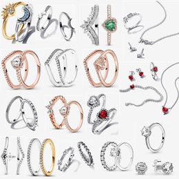 925 prata esterlina casal anéis de casamento para mulheres designer presente de férias DIY fit Pandoras Sparkling Red Heart Ring colar brincos pulseira conjunto com caixa original
