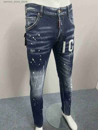 Men's Pants 2023 Denim Pants Men's 3D Splice D2 Jeans Light Wash Paint Dots Slim Fit Small Feet Slightly Elastic Moire Worn Holes Q231201