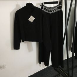1126 XL 2023 Milan Style Autumn Brand Same Style Two Pieces Sets Crew Neck Black Flora Print Long Pants Empire Womens Clothes 20234298