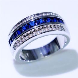 Choucong New Arrival Fashion Jewelry 10KT White Gold Fill Princess Cut Blue Sapphire CZ Diamond Men Wedding Band Ring For283W