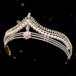 Baroque Retro Gold Crystal Pearl Bridal Tiaras Crown Geometric Pageant Diadem Bride Headband Wedding Hair Accessories 220217229J