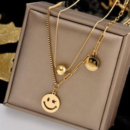 2Pcs Set Fashion Smile Double Layers Pendants Necklaces Imitation Pearls Smile-shaped Droplets Clavicle Jewellery For Women Cool Gri245n