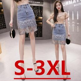 Skirts 2023 Summer Korean Sexy Women Denim Mini High Waist Blue Package Hip Jeans Fashion Beading Tassel