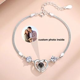 Bangle Custom po Projection Bracelet Jewellery with Silver/Rose Gold Colour Heart Shaped Cubic Zirconia Personalised po Bracelet 231201
