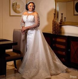 2024 Mermaid Wedding Dress With Detachable Train High Neck Sleeves Beads Bride Bridal Gowns Arabic Aso Ebi Vestidos De Novia Custom Made