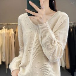 Women's Sweaters Autumn And Winter 100 Pure Cashmere Sweater Women V Collar Jacquard Hollow-out Loose Pullover Wool Knitted Bottoming Shirt