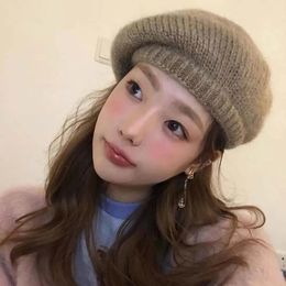 Berets Korean Style Knit Mohair Wool Beret Fashion Elastic Cap Women Autumn Winter Warm Hat Painter Caps 231201