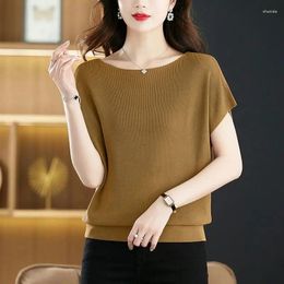 Women's T Shirts Korean Simple Commuting Versatile Loose Ice Silk Short Sleeve T-shirt Solid Summer One Line Neck Bat Knit Top