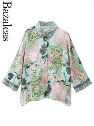 Women's Blouses 2023 Bazaleas Store Green Floral Print Loose Shirt Trf Button Blouse Chic Blusas Tops Official Clothing